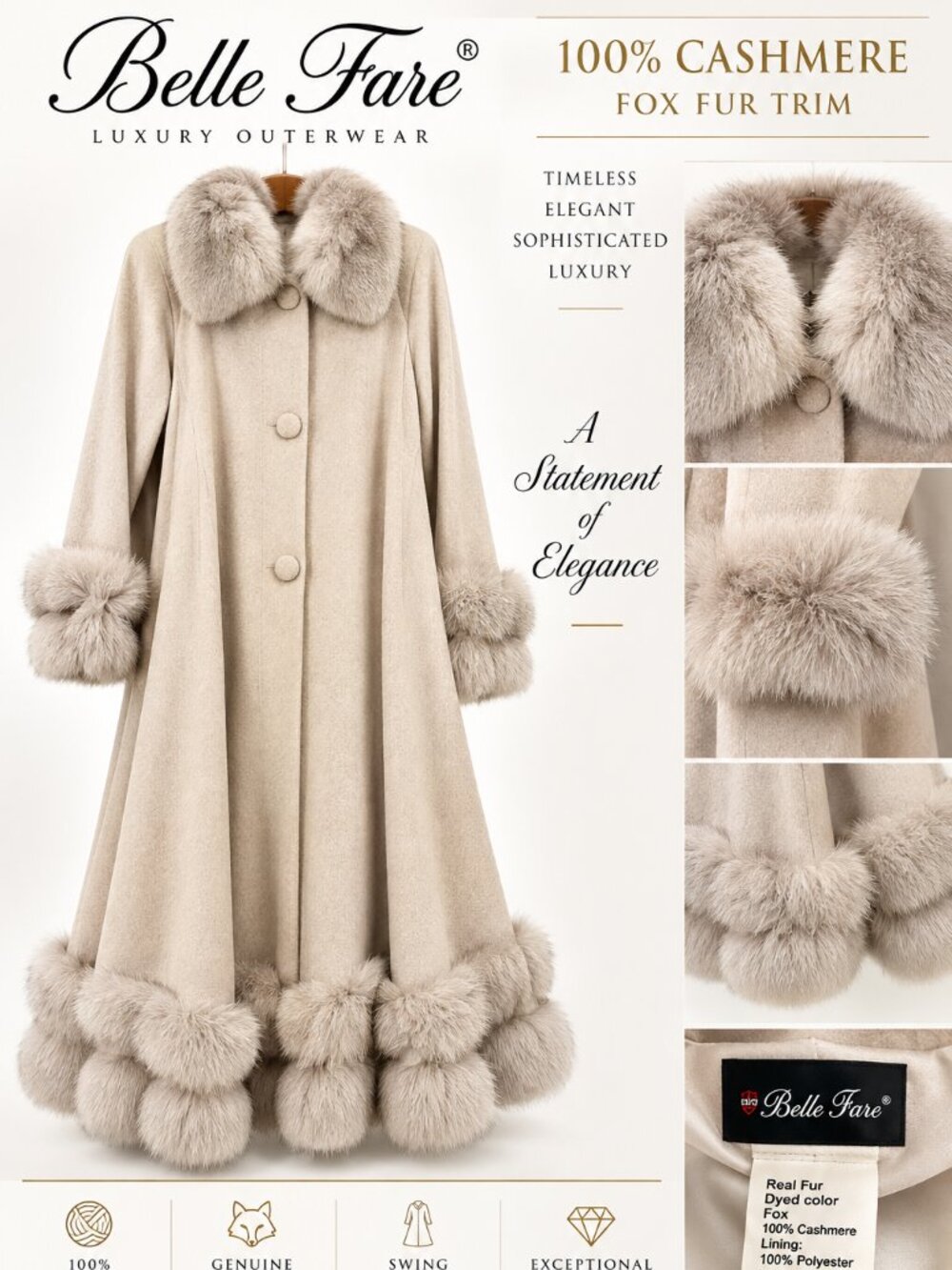 BELLE FARE 100% CASHMERE LONG SWING COAT WITH GENUINE FOX FUR TRIM